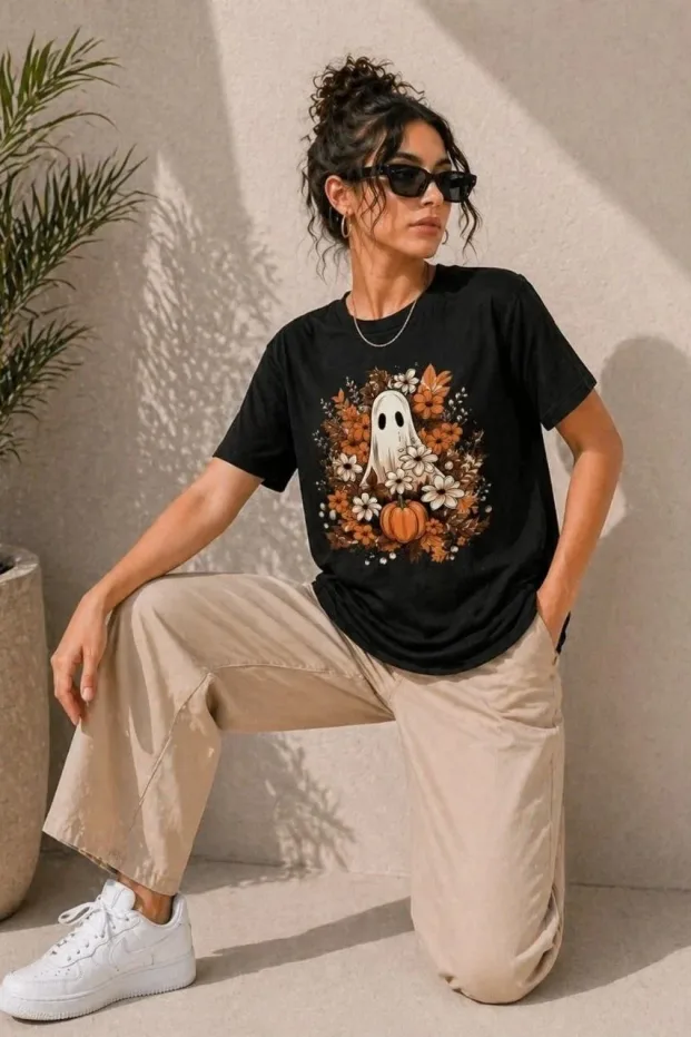 Женски црн oversize тиква дух печатена маица 2