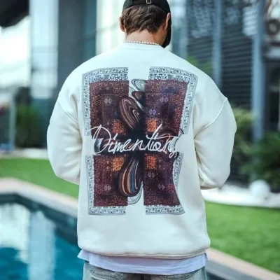 Ανδρικό Λευκό Oversize 3-κλωνο Βαμβακερό Ποδηλατόλαιμο Τυπωμένο Φούτερ 2