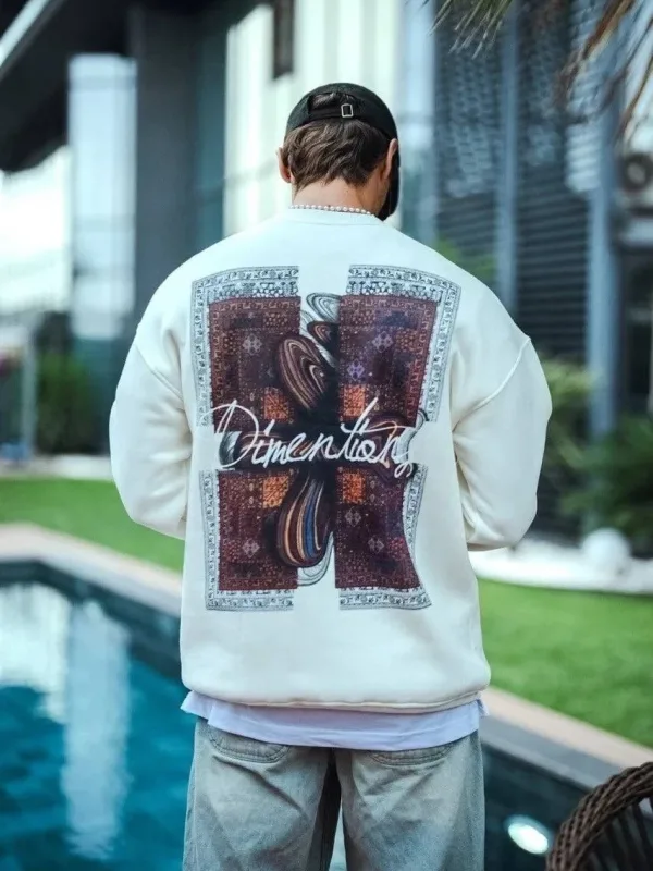 Ανδρικό Λευκό Oversize 3-κλωνο Βαμβακερό Ποδηλατόλαιμο Τυπωμένο Φούτερ 2