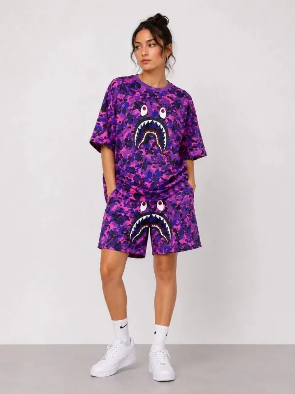 Femeie Mov Oversize Brodat Cu Buzunare Set Șort 2