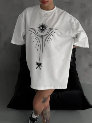 Women's White Oversize Crew Neck Printed Short Sleeve T-Shirt
