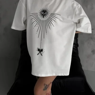 Women's White Oversize Crew Neck Printed Short Sleeve T-Shirt 1