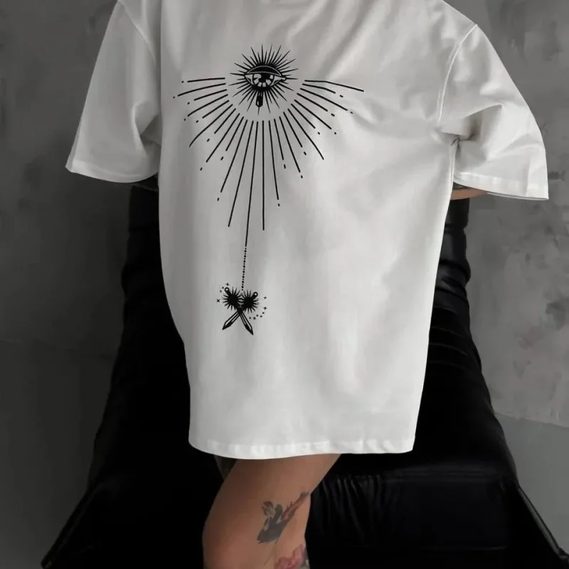 Women's White Oversize Crew Neck Printed Short Sleeve T-Shirt