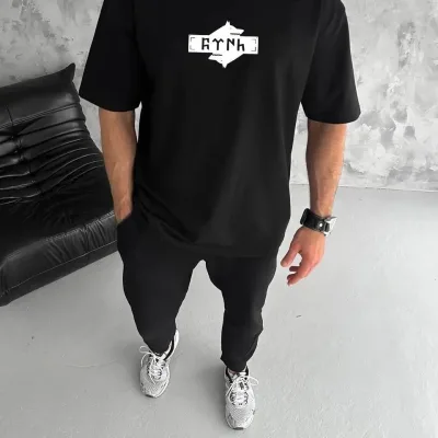 Ανδρικό Μαύρο Oversize Ποδηλατόλαιμο Τυπωμένο Καλοκαιρινό Μπλουζάκι 2