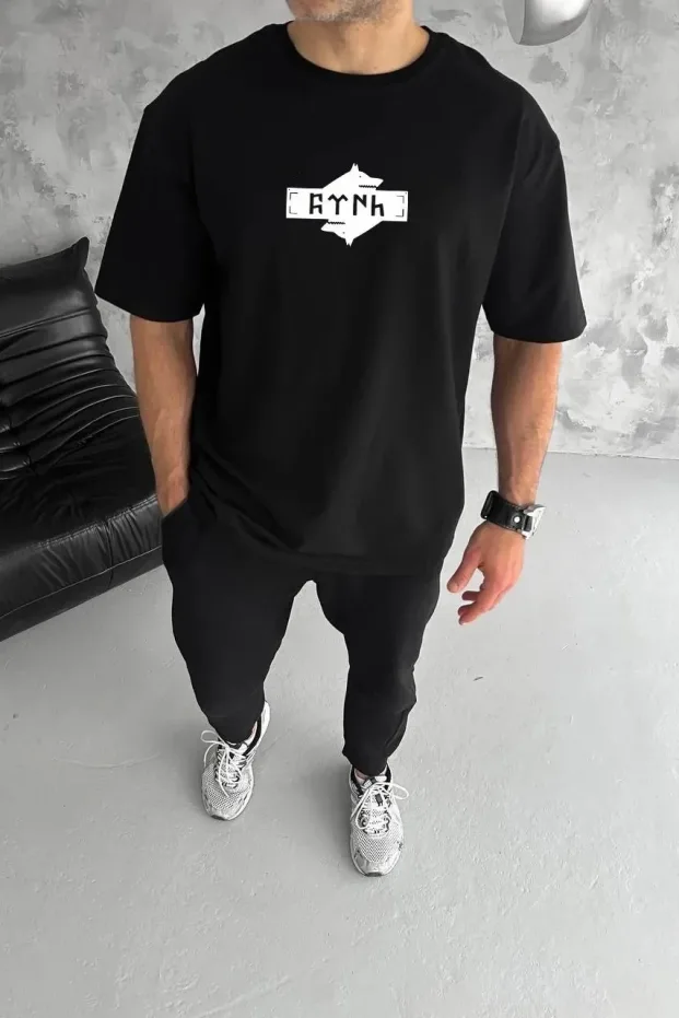 Ανδρικό Μαύρο Oversize Ποδηλατόλαιμο Τυπωμένο Καλοκαιρινό Μπλουζάκι 2
