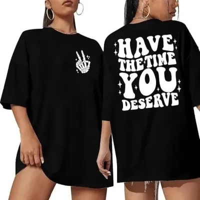 Kadın Siyah Oversize Bisiklet Yaka Baskılı Tişört 2