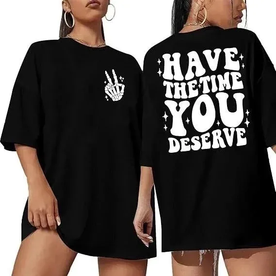 Kadın Siyah Oversize Bisiklet Yaka Baskılı Tişört 2