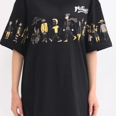 Женски црн oversize бициклистички јака принт маица 3