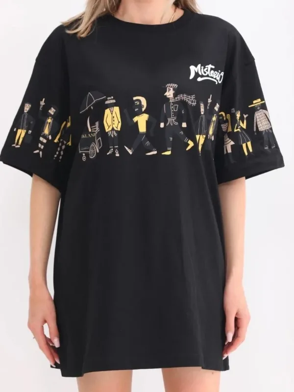 Женски црн oversize бициклистички јака принт маица 3