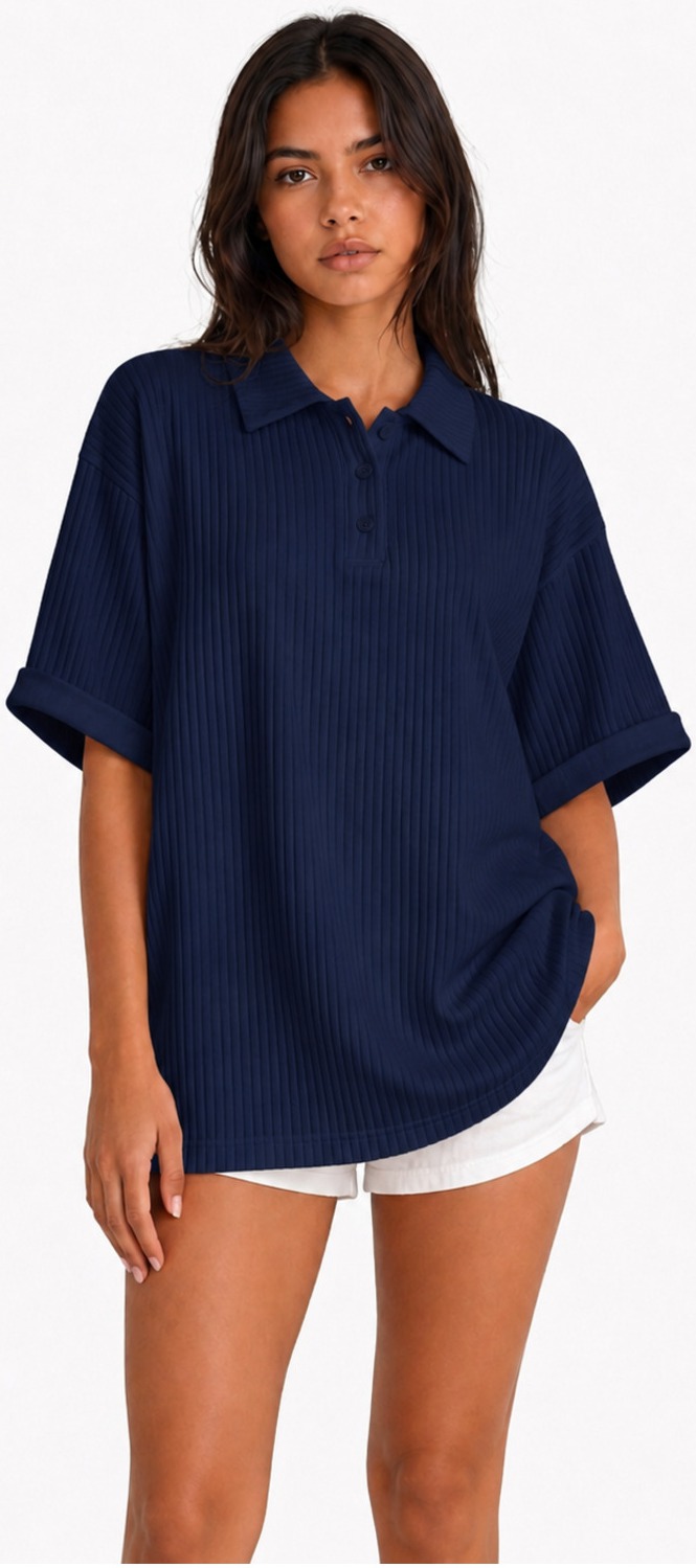 Erkek Lacivert Oversize Pamuklu Polo Yaka Baskılı Tişört 3