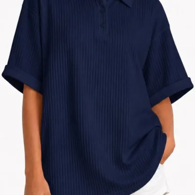 Tünd Göy Oversize Uniseks Pambıq Polo Yaxalı Köynək 3