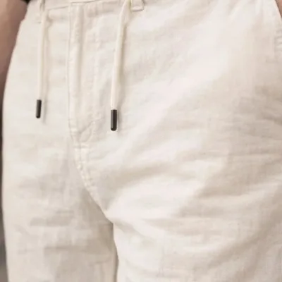 Men's Cream Linen Pants with Pockets, Elastic Waist and Drawstring 5