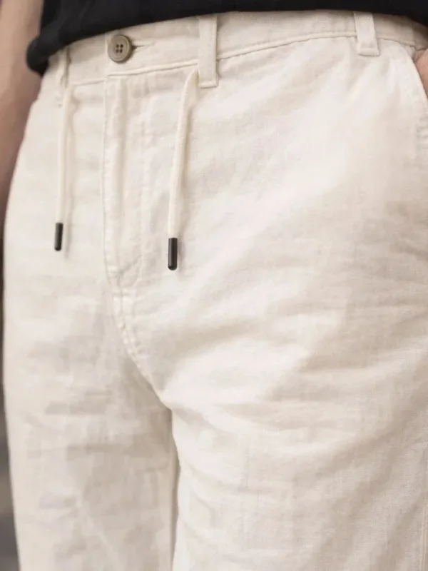 Men's Cream Linen Pants with Pockets, Elastic Waist and Drawstring 5