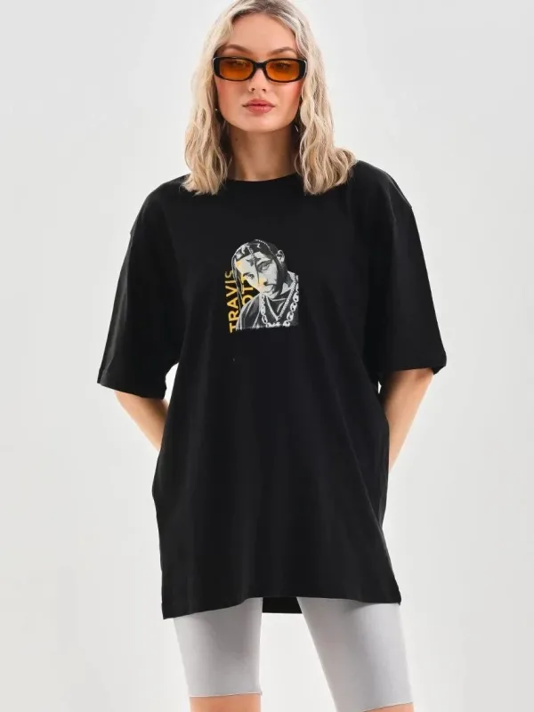 Ženski crni Oversize Bicikl izrez print Svakodnevna Majica 6