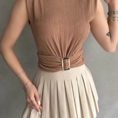 Shoulder Padded Belted Crepe Blouse Beige 1