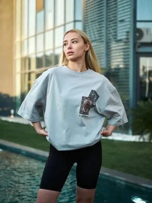 Women's Gray Oversize Crew Neck Printed Short Sleeve T-Shirt