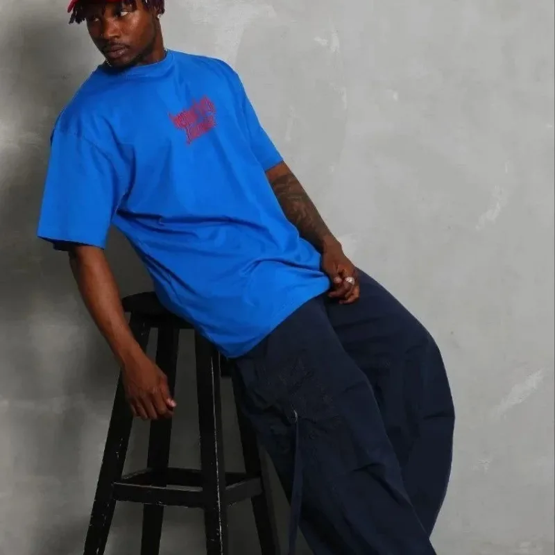 Men's Sax Blue Regular Fit Crew Neck Printed T-Shirt