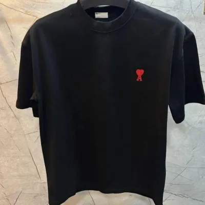 Kişi Qara Oversize Bisiklet Yaka Ürək Baskılı Köynək 3