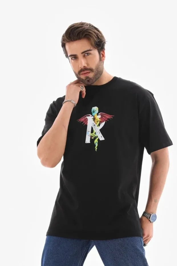 Men's Black Regular Bicycle Neck Printed T-Shirt 7