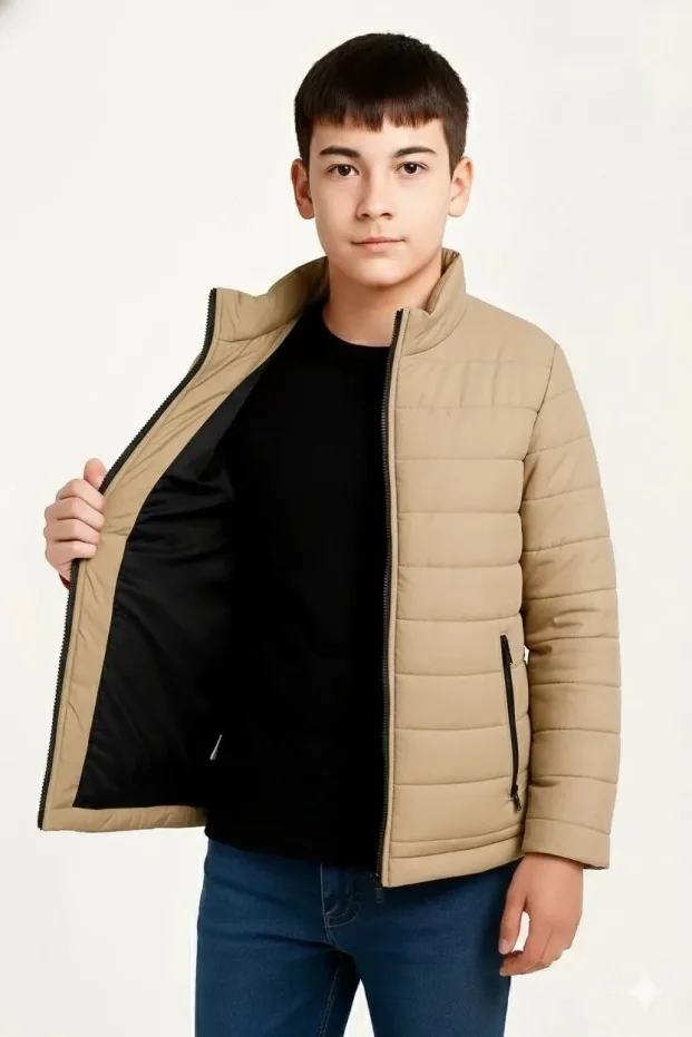 Dětská béžová péřová bunda s kapsami na zip, vodoodpudivá 1