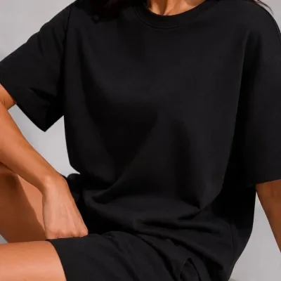 Qadın Qara Oversize Yumşaq Modal Toxumalı Cibli Şort Dəsti 2