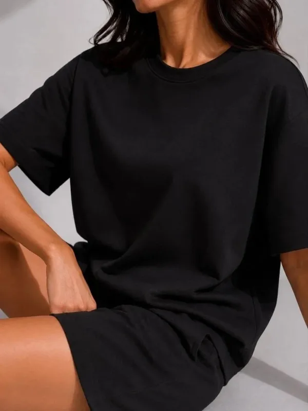 Qadın Qara Oversize Yumşaq Modal Toxumalı Cibli Şort Dəsti 2