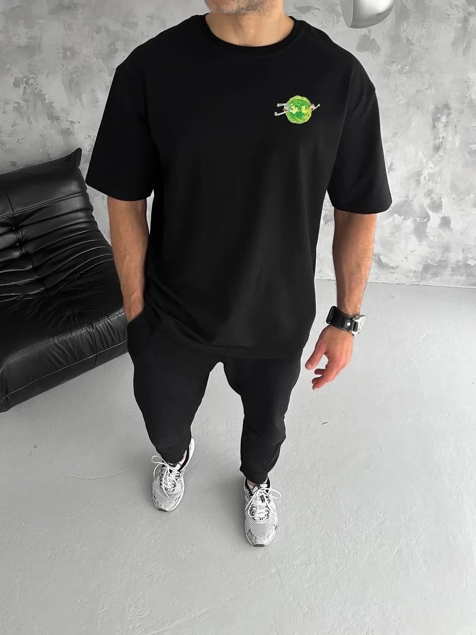 Bărbat Negru Guler Bicicletă Rick And Morty Imprimat Tricou 1