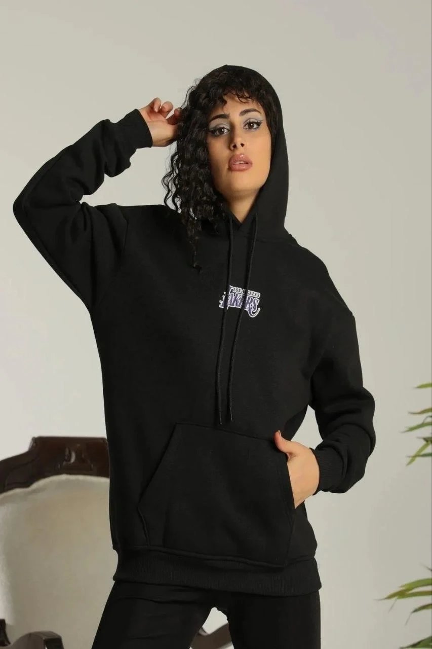 Γυναικείο Μαύρο Oversize Hoodie Φούτερ με Κουκούλα, Τσέπες και Τύπωμα 2