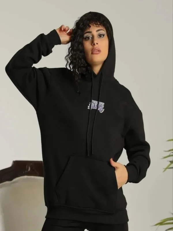 Qadın Qara Oversize Başlıqlı Cibli Çap Hoodie Sviter 2