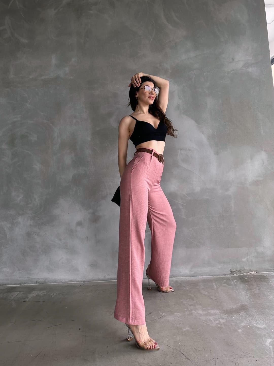 Lanene pantalone sa kaišem na struku, puder 4