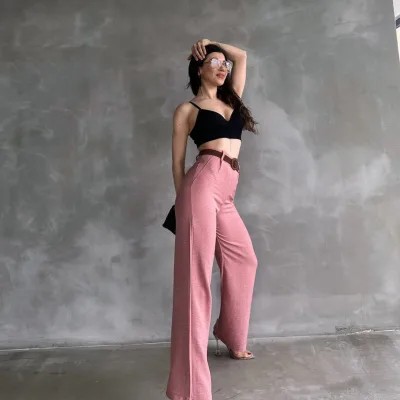 Lanene pantalone sa kaišem na struku, puder 4