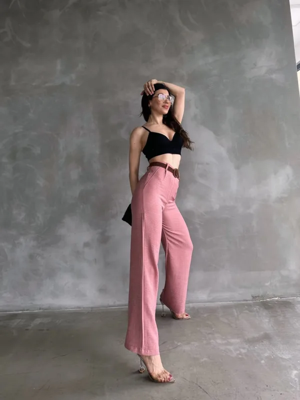 Lanene pantalone sa kaišem na struku, puder 4