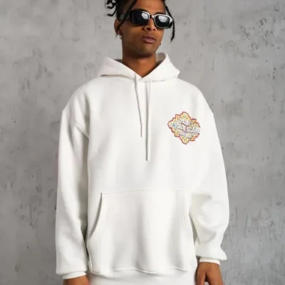 Muški bijeli oversize 3-niti pamučni s kapuljačom tiskani sweatshirt 4
