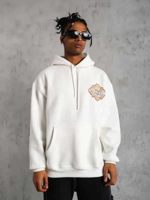 Muški bijeli oversize 3-niti pamučni s kapuljačom tiskani sweatshirt 4