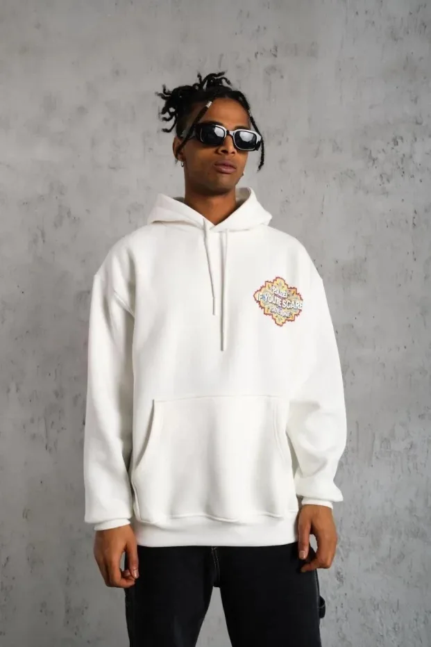 Pánské bílé oversized 3-nitní bavlněné kapucové potištěné mikiny 4