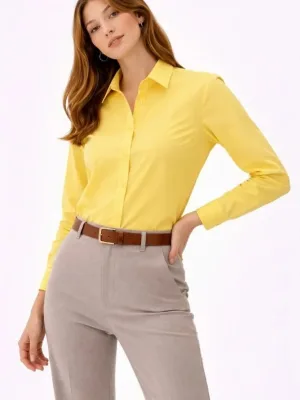 Women's Yellow Long Sleeve Buttoned Classic Collar Office Shirt