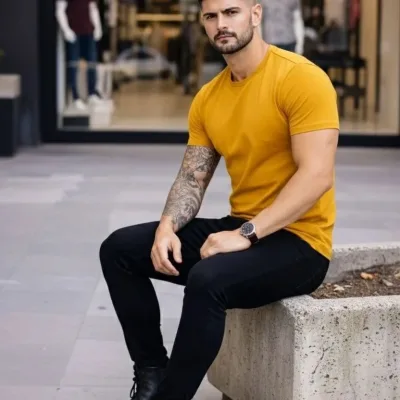 Pánsky citrónový slim fit bicyklový elastický body tričko 4
