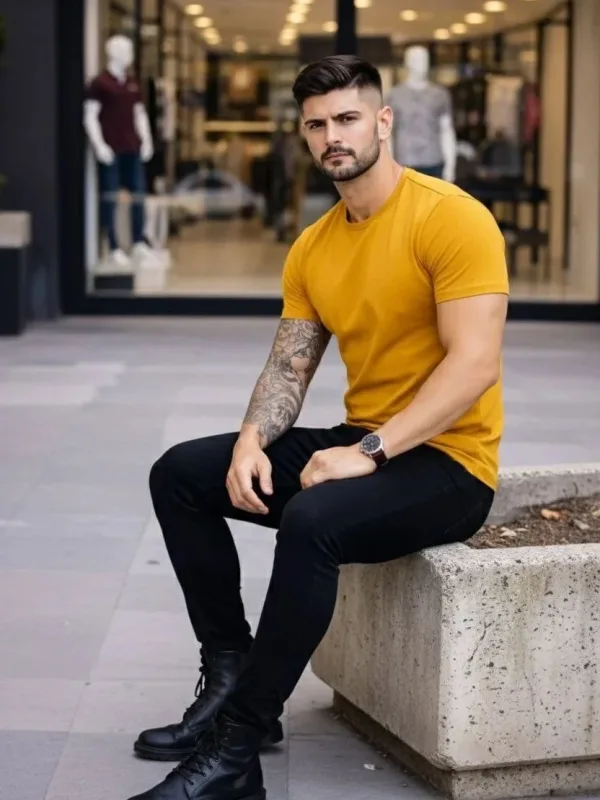 Pánsky citrónový slim fit bicyklový elastický body tričko 4