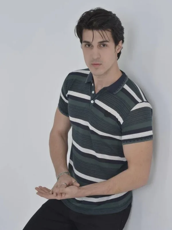 Tîşorta Polo ya Haki ya Slim Fit Bi Xêzên Çêkirî 3