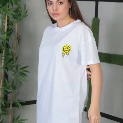 Γυναικείο Λευκό Oversize Στρογγυλό Λαιμό Τυπωμένο Κοντό Μανίκι T-Shirt 2