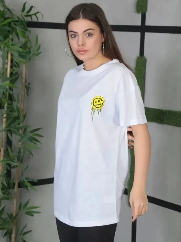 Γυναικείο Λευκό Oversize Στρογγυλό Λαιμό Τυπωμένο Κοντό Μανίκι T-Shirt 2