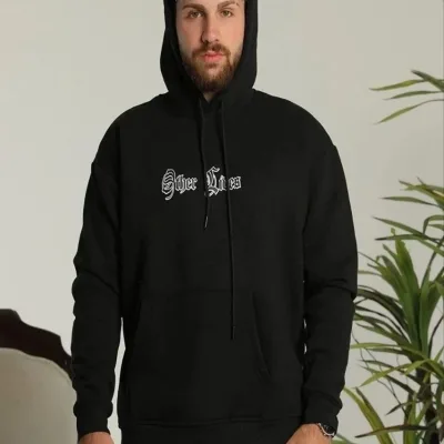 Pánska čierna oversized 3-niťová bavlnená mikina s kapucňou a potlačou 3
