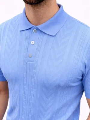 Męski Błękitny Krótki Rękaw Polo Z Guzikami Sweter
