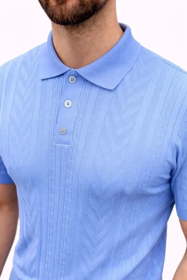 Męski Błękitny Krótki Rękaw Polo Z Guzikami Sweter 1