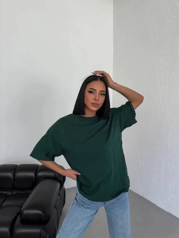 Femeie Haki Oversize Guler Bicicletă Simplu Mânecă Scurtă Tricou 3