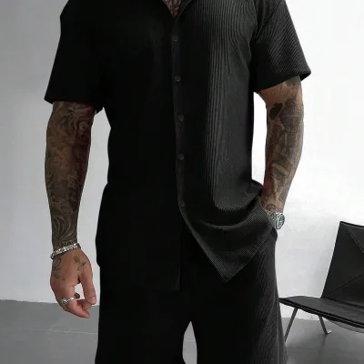 Černá oversize bavlněná krátká žebrovaná pánská košile 6
