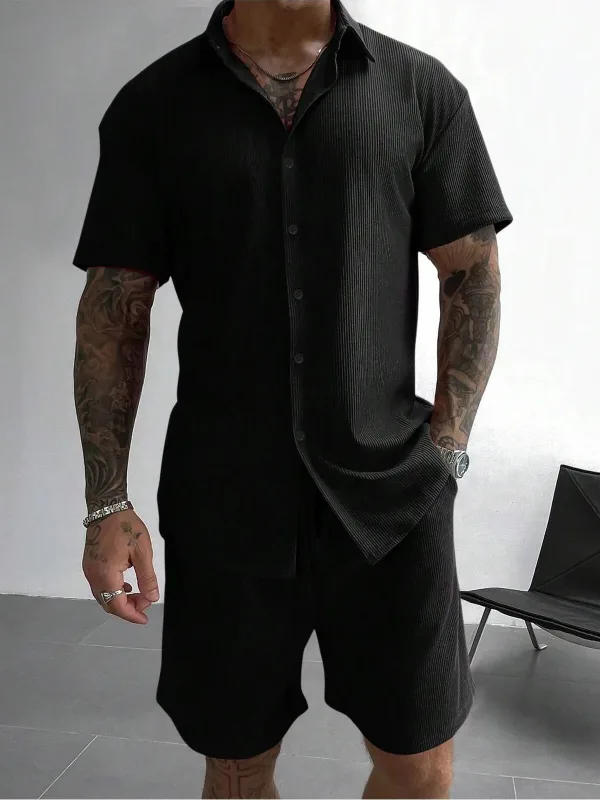 Černá oversize bavlněná krátká žebrovaná pánská košile 6