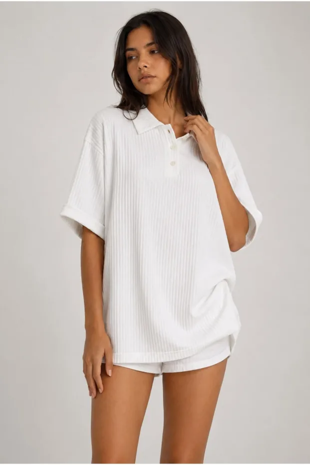 Unisex Siyah Oversize Polo Yaka Jakarlı Pamuk Tişört 1