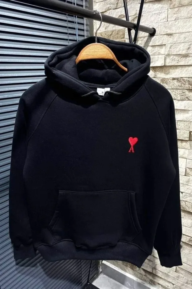 Kadın Siyah Oversize Kapüşonlu Kalp Baskılı Pamuklu Sweatshirt 1
