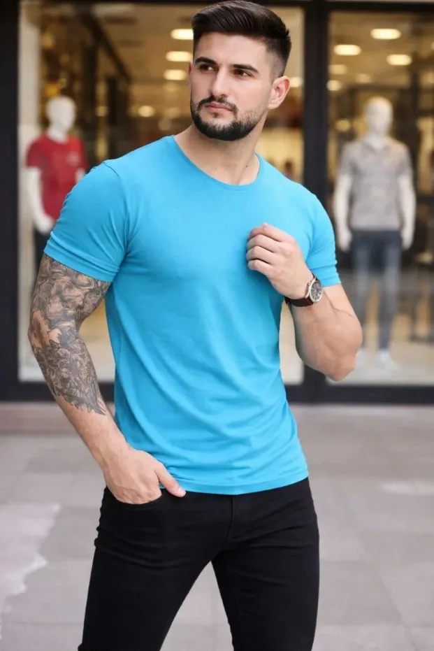 მამაკაცის ღია ცისფერი ლიკრა Slim Fit ველოსიპედის ყელიანი Body მაისური 1